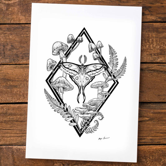 Moth Among Mushrooms Print