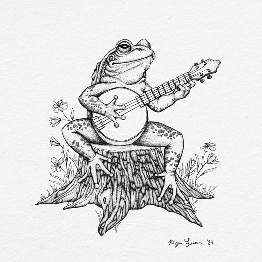 Banjoist Toad sitting on a stump