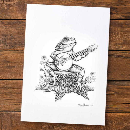 A Print of a Banjoist Toad Sitting on a stump